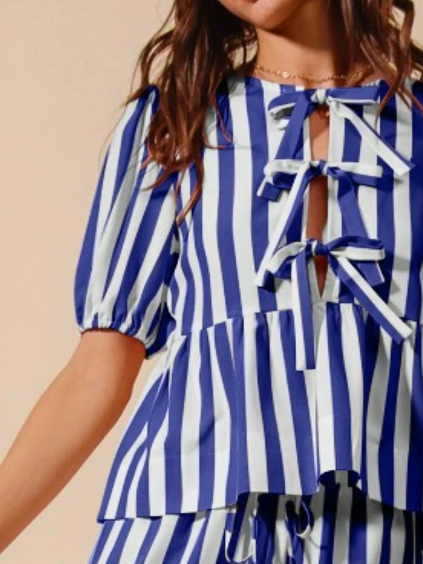 SO ME Front Tie Stripe Puff Sleeves Top and Wide Leg Pants Set - Fashorio