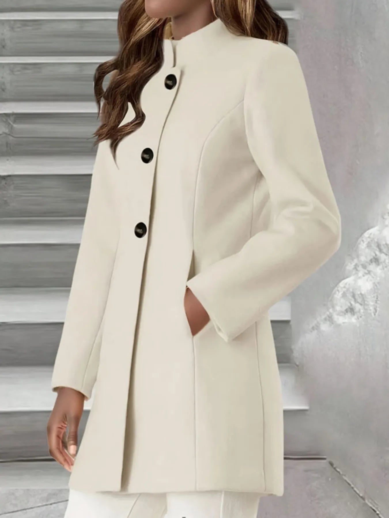 Single-Breasted Stand Collar Coat with Pocket - Fashorio
