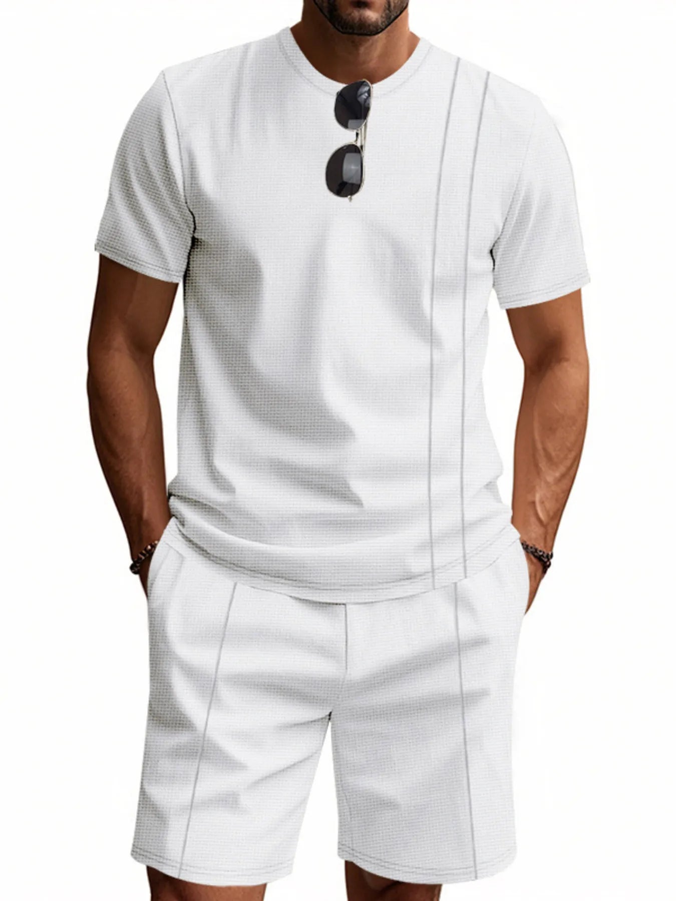 Men's Full Size Round Neck Short Sleeve Top and Shorts Set Plus Size White - Fashorio
