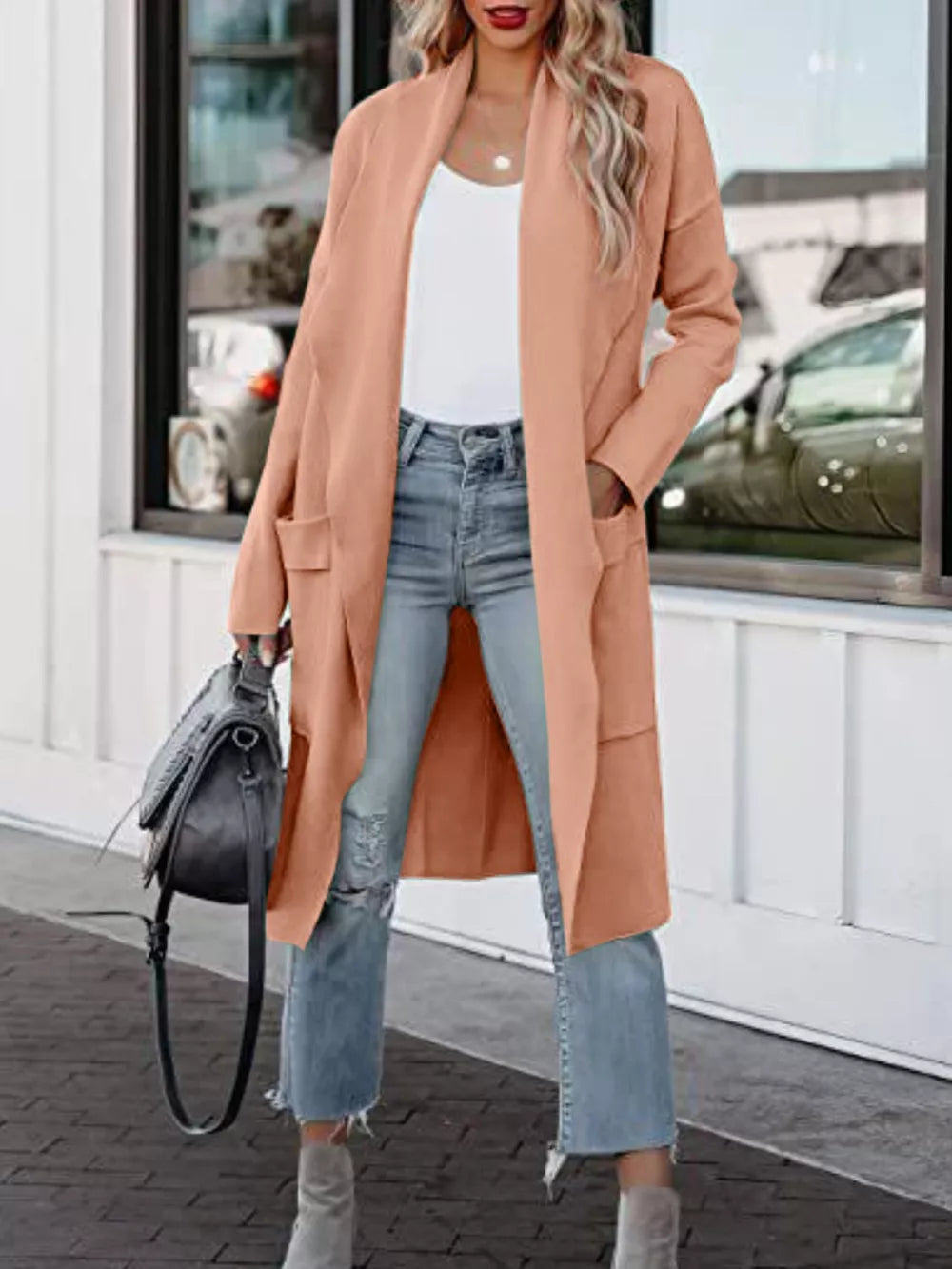 Open Front Dropped Shoulder Outerwear Coral - Fashorio