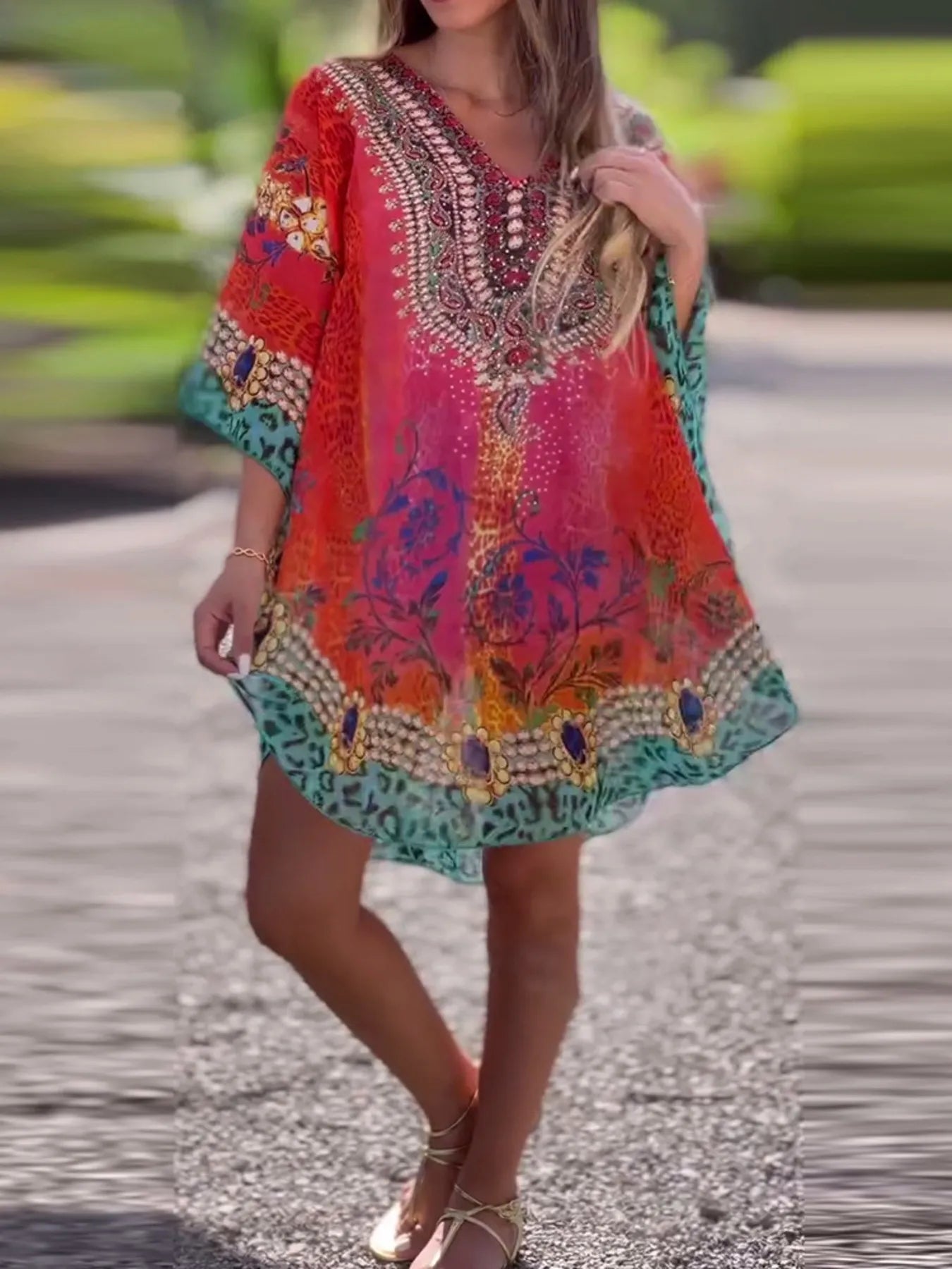Floral Print V-Neck Cover Up - Fashorio