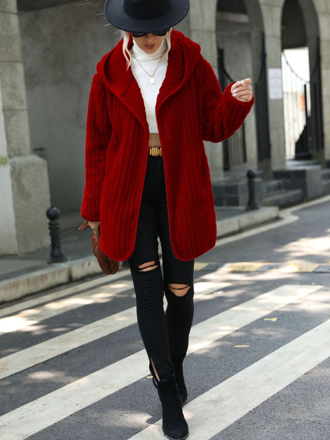 Open Front Ribbed Hooded Coat - Fashorio