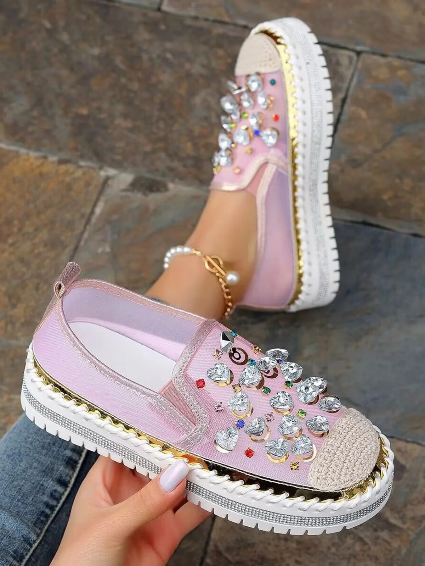 Rhinestone Round Toe Platform Loafers - Fashorio