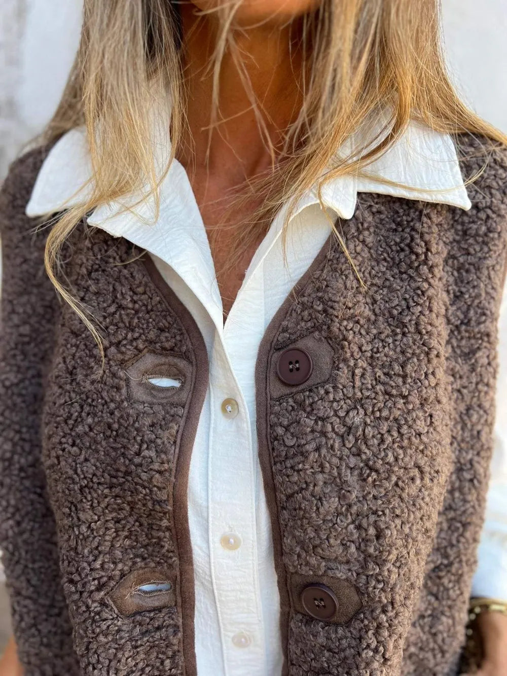 Full Size Pocketed Button Up V-Neck Sherpa Vest - Fashorio