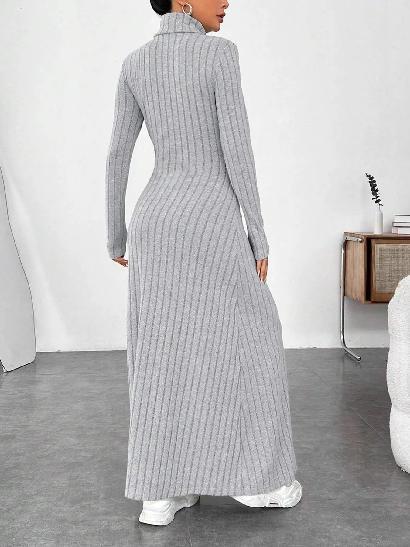 Ribbed Turtleneck Long Sleeve Maxi Knit Dress - Fashorio