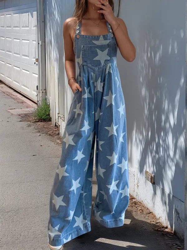 Star Print Buttoned Strap Wide Leg Denim Overalls Medium - Fashorio