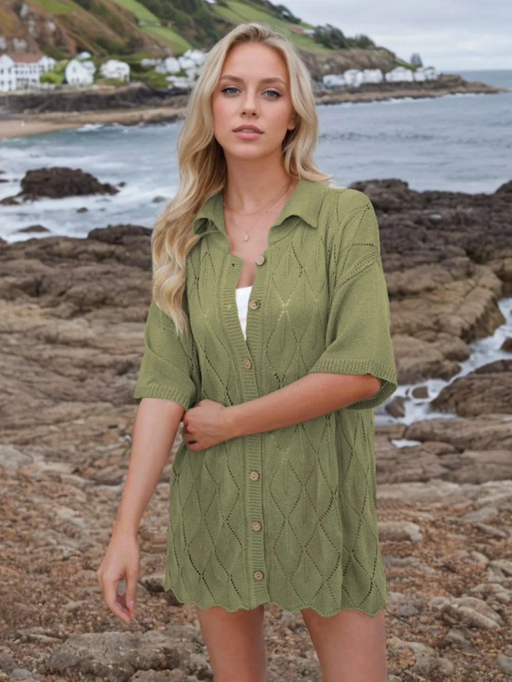 Button Down Eyelet Collared Neck Knit Shirt - Fashorio