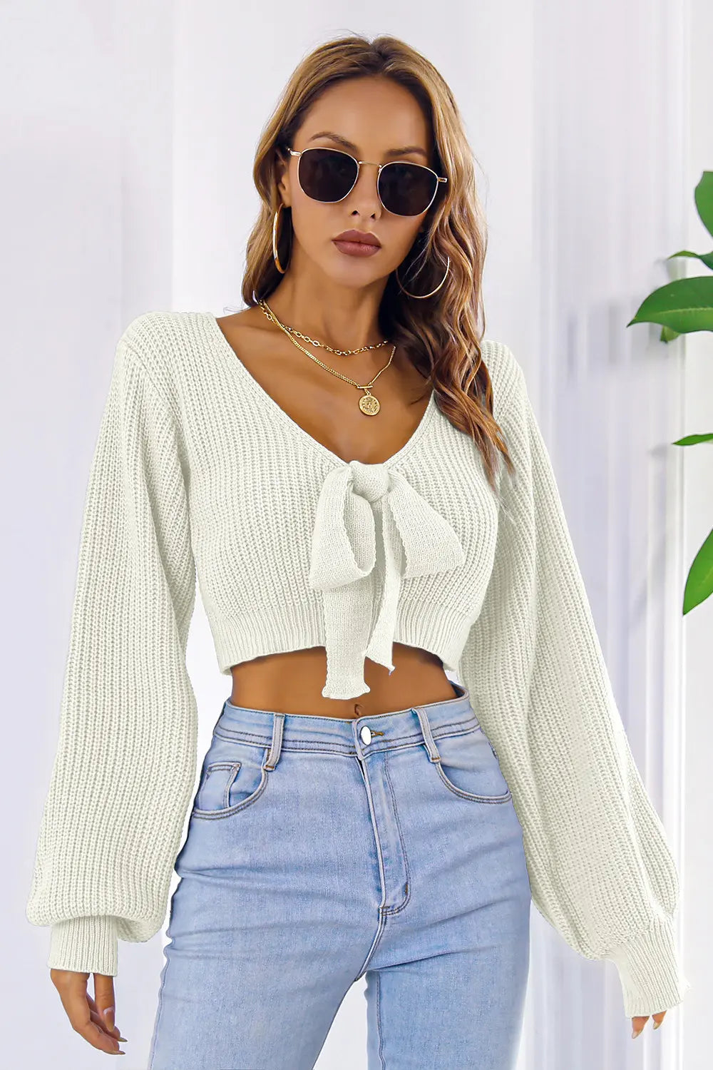 Bow V-Neck Long Sleeve Cropped Sweater - Fashorio