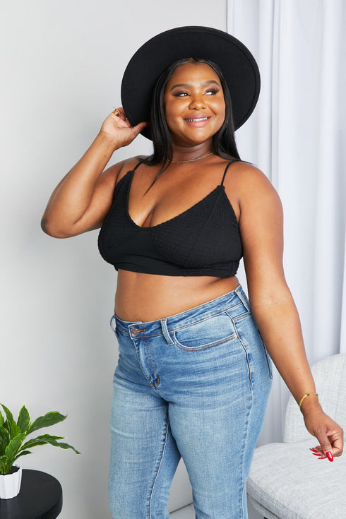 Zenana Full Size Textured Spaghetti Strap Bralette in Black - Fashorio