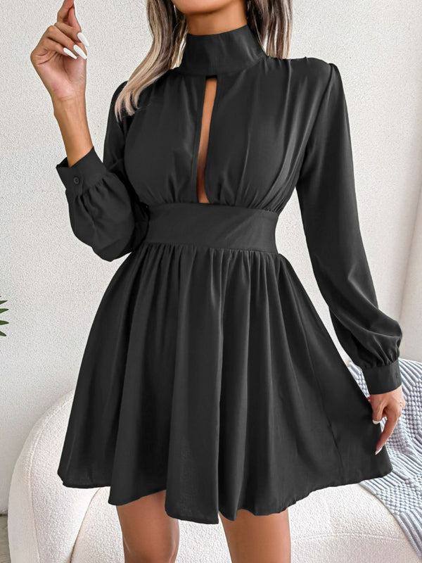 Cutout Turtleneck A-Line Mini Dress Black - Fashorio