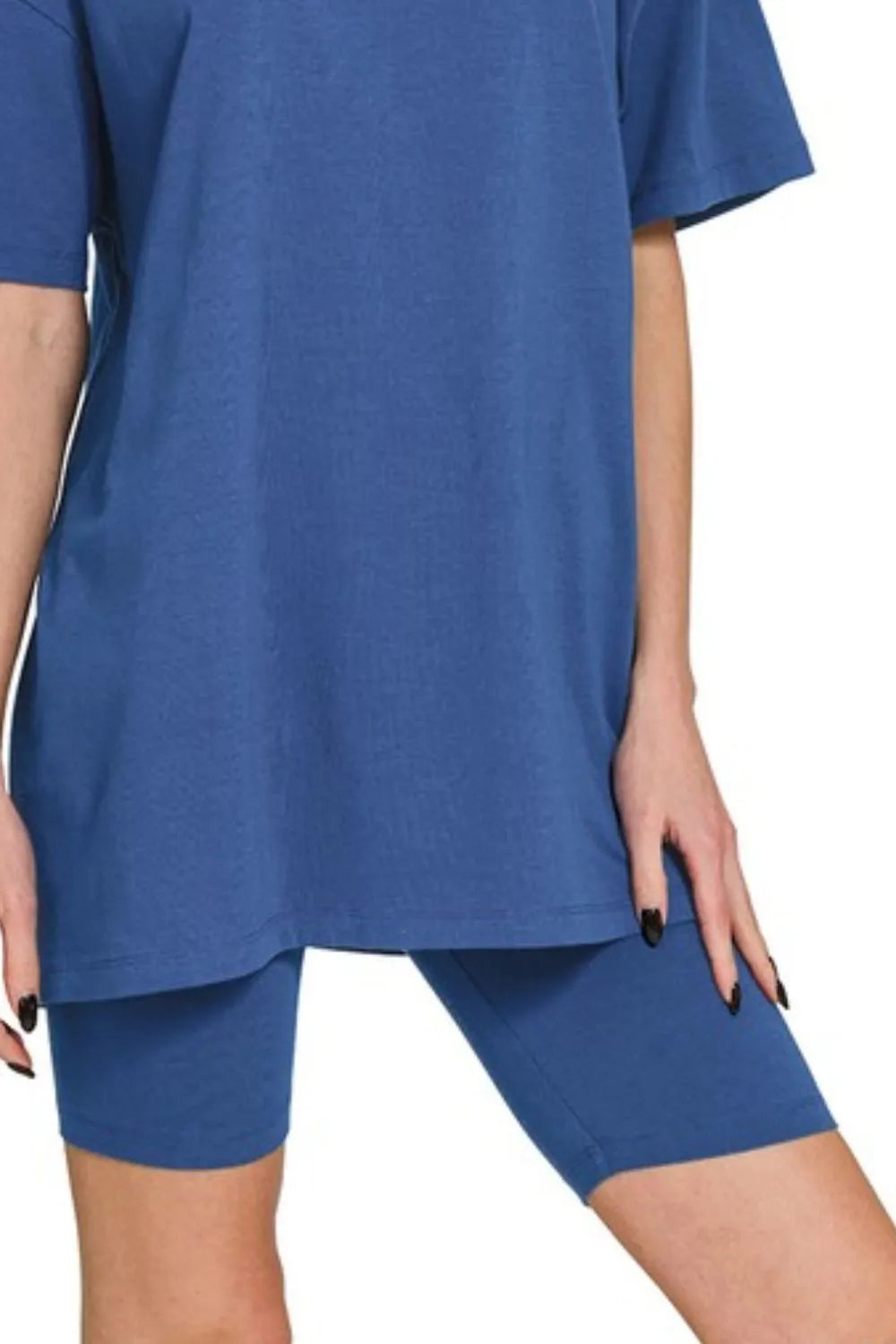 Zenana Cotton Round Neck Top & Biker Shorts - Fashorio