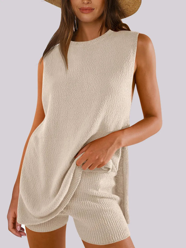 Side Slit Round Neck Tank and Ribbed Shorts Sweater Set Dust Storm - Fashorio