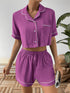 Ivy Lane Contrast Lapel Collar Cropped Shirt and Shorts Lounge Set Red-Violet - Fashorio