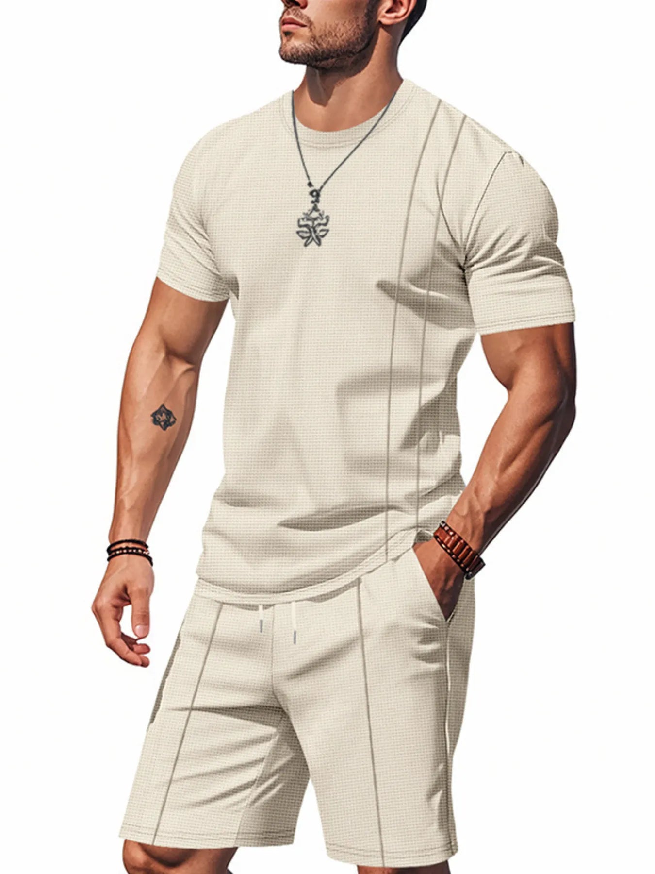 Men's Full Size Round Neck Short Sleeve Top and Shorts Set Plus Size - Fashorio