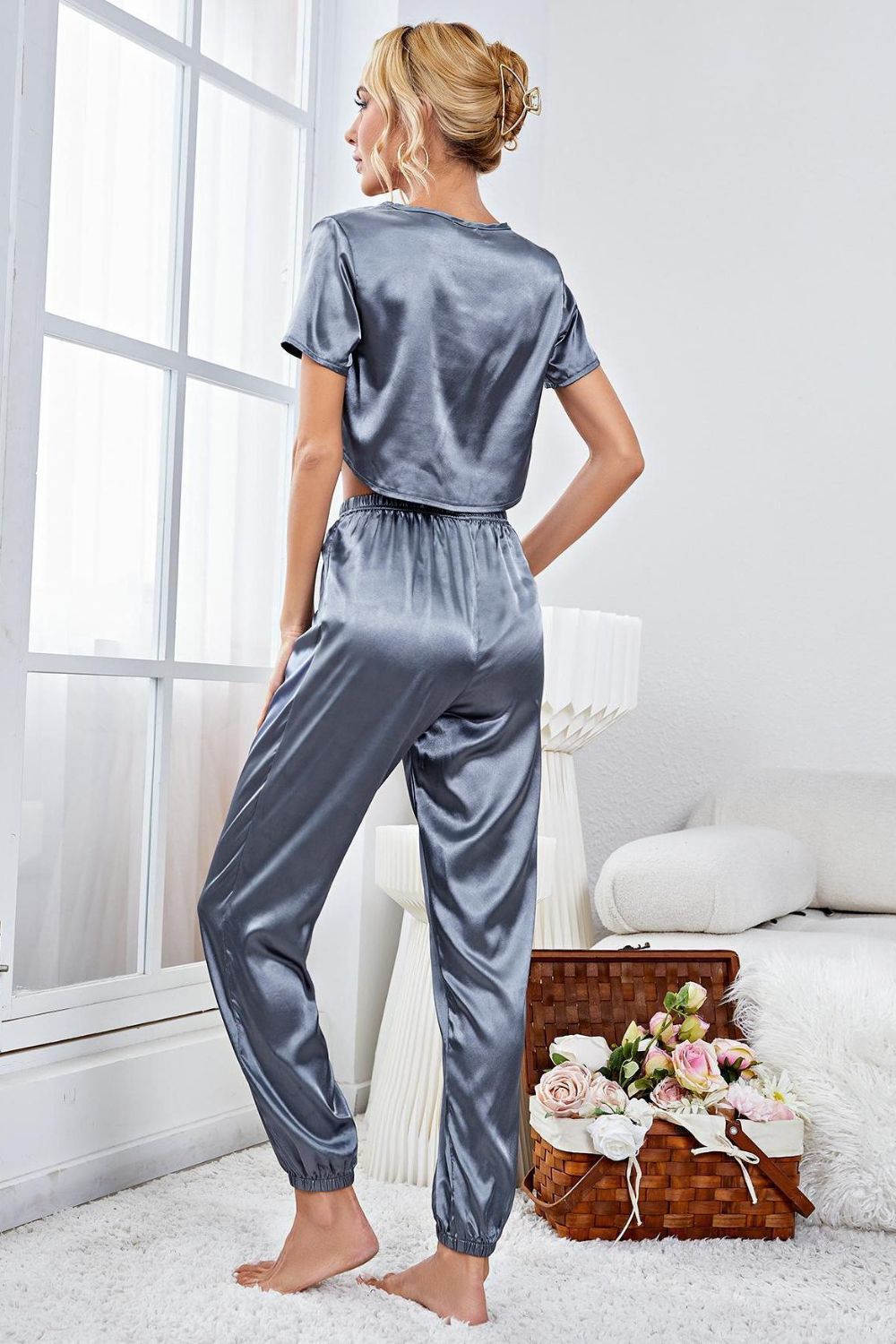 Satin Short Sleeve Crop Top and Joggers Lounge Set - Fashorio