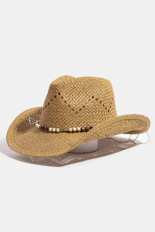 Fame Mixed Beaded Strap Western Fedora Straw Hat Khaki One Size - Fashorio