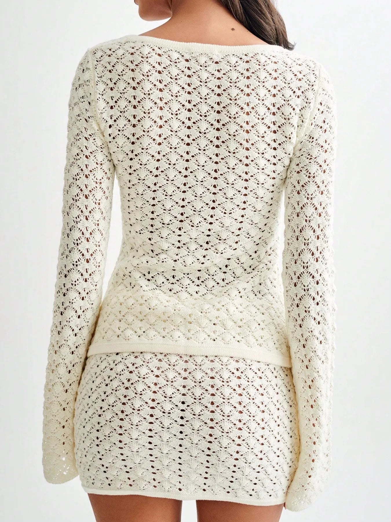 Button Up Crochet Cardigan and Skirt Sweater Set - Fashorio