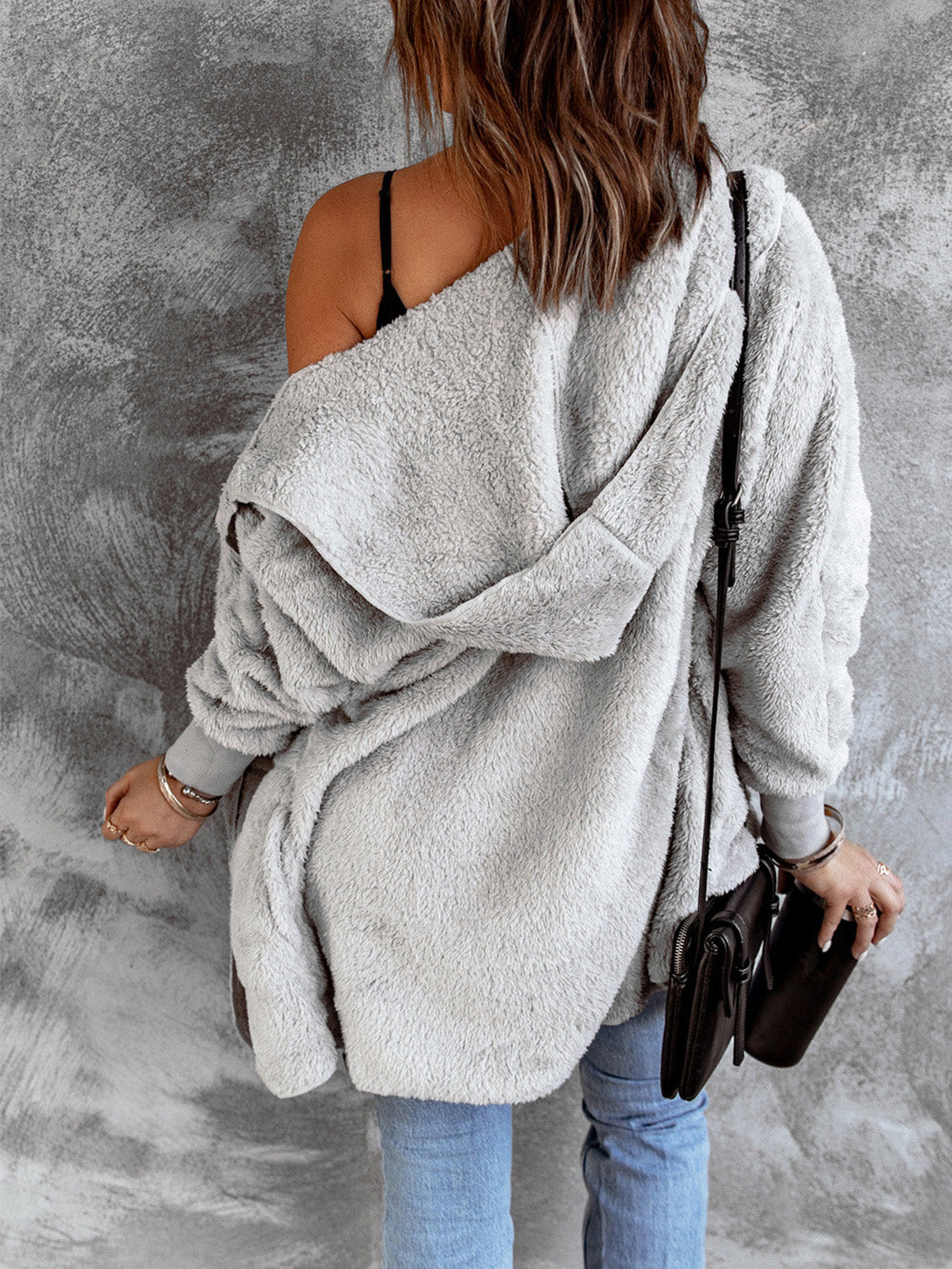 Open Front Hooded Faux Fur Outwear with Pockets - Fashorio