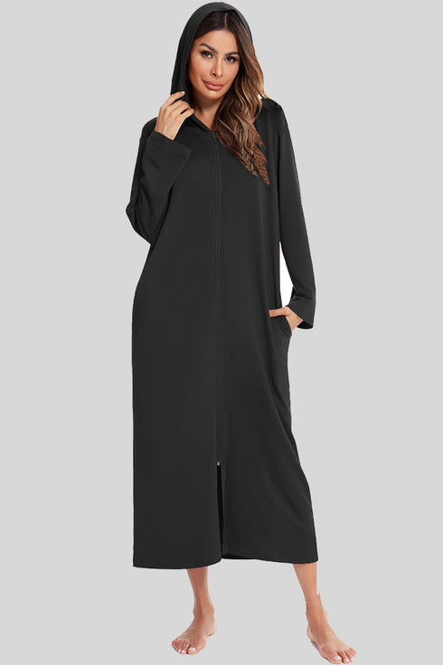 Zip Front Hooded Night Dress with Pockets Black - Fashorio