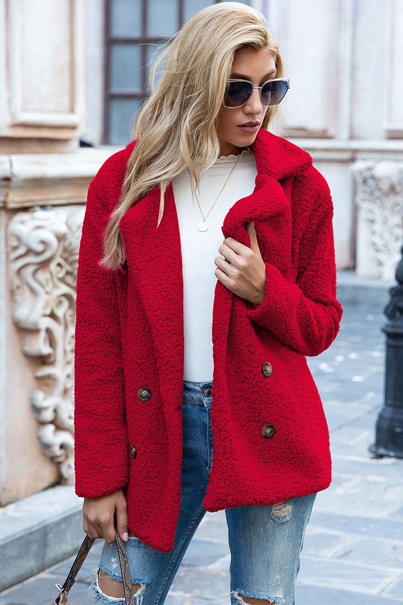 Ivy Lane Full Size Lapel Collar Sherpa Coat Deep Red - Fashorio