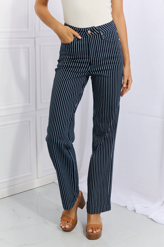 Judy Blue Cassidy High Waisted Tummy Control Striped Jeans – Full Size - Fashorio