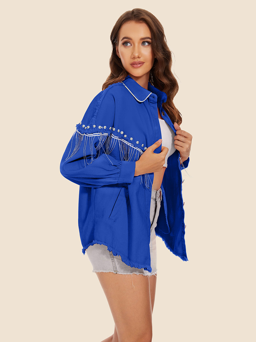 Raw Hem Fringe Detail Denim Jacket - Fashorio
