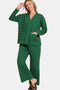 Zenana Quilted Button Up Long Sleeve Top and Pants Lounge Set Dark Green - Fashorio