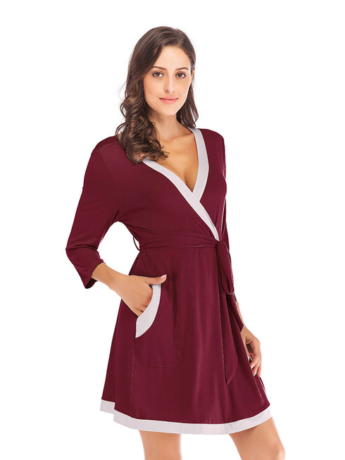 Tie Waist Surplice Neck Robe with Pockets - Fashorio
