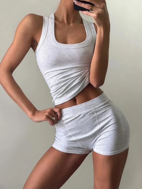 Ribbed Tank Top and Shorts Active Set Light Gray - Fashorio
