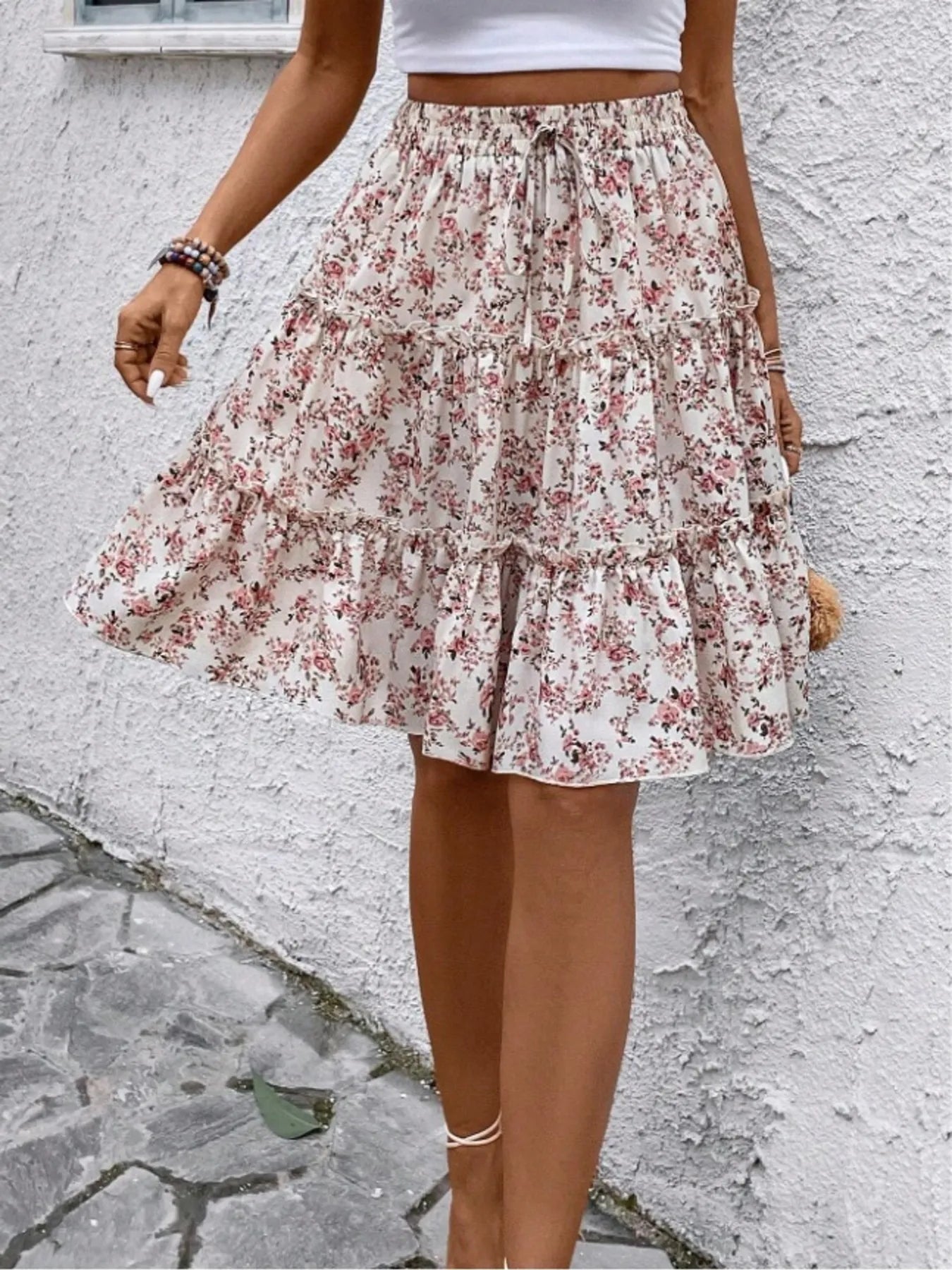 Floral Print Midi Skirt Apricot - Fashorio