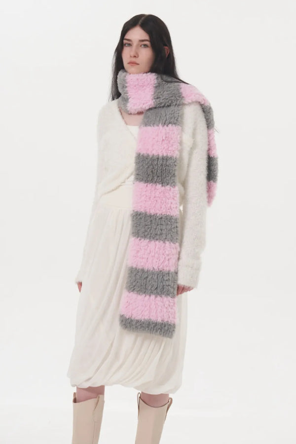 Fuzzy Contrast Striped Scarf Pink One Size - Fashorio