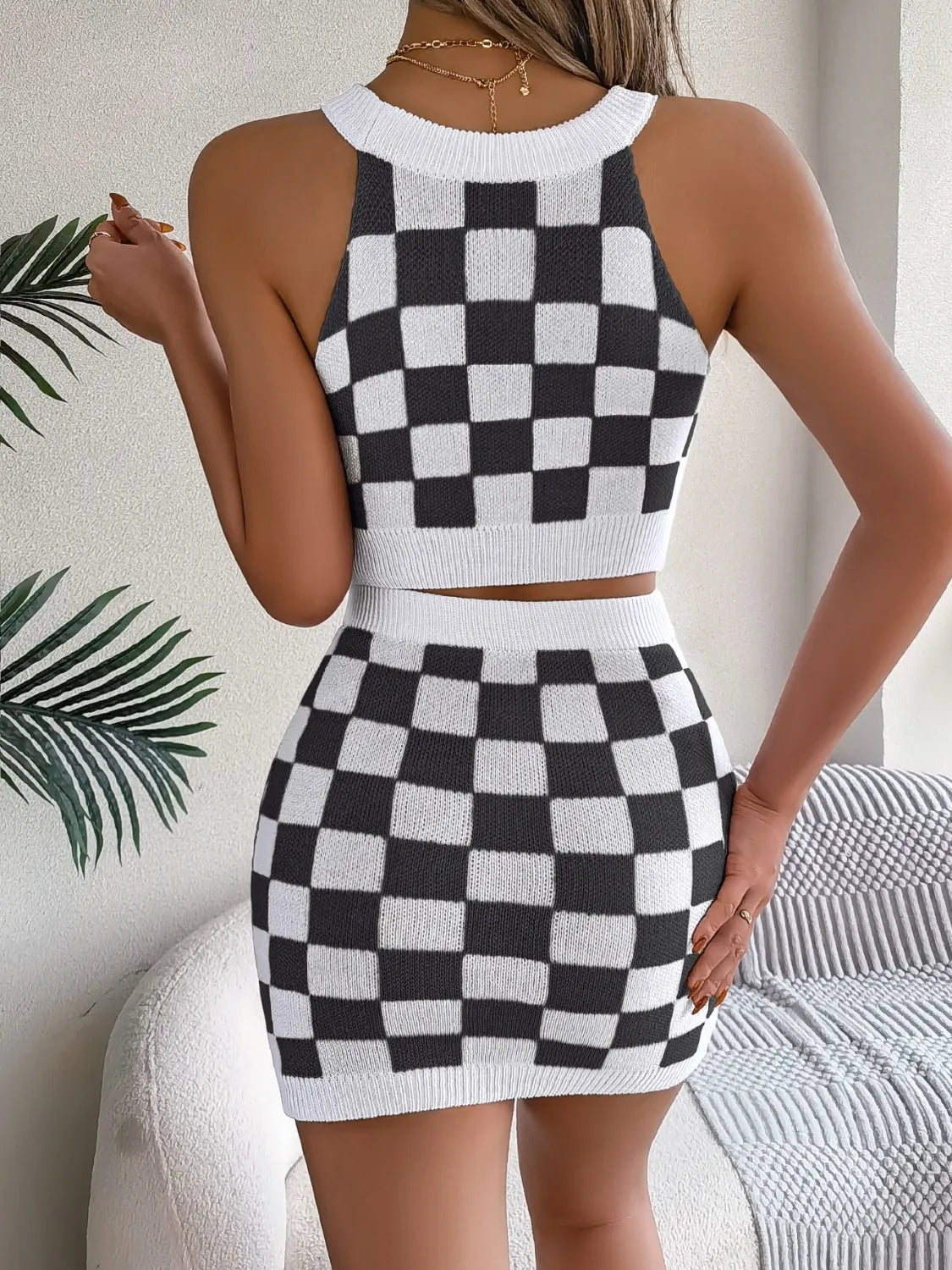 Checkered Grecian Neck Cami and Skirt Sweater Set - Fashorio