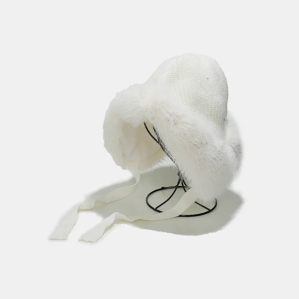 Thermal Tied Fuzzy Winter Hat Ivory One Size - Fashorio