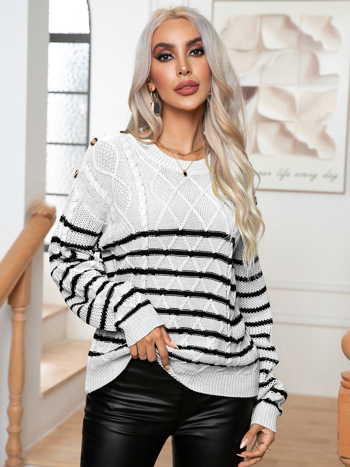 Striped Round Neck Cable-Knit Sweater White - Fashorio