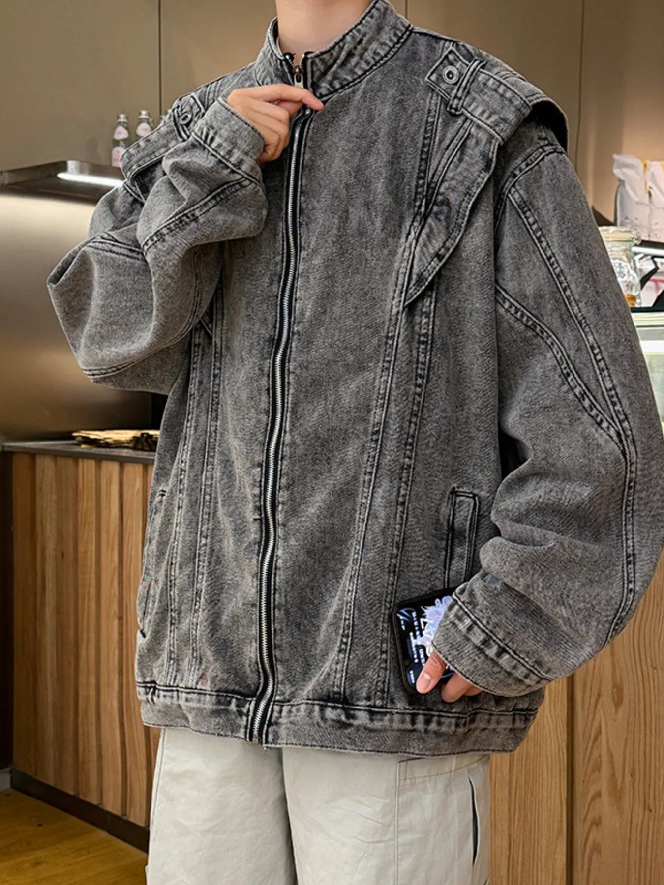 Men's Plus Size Zip Up Long Sleeve Denim Jacket - Fashorio