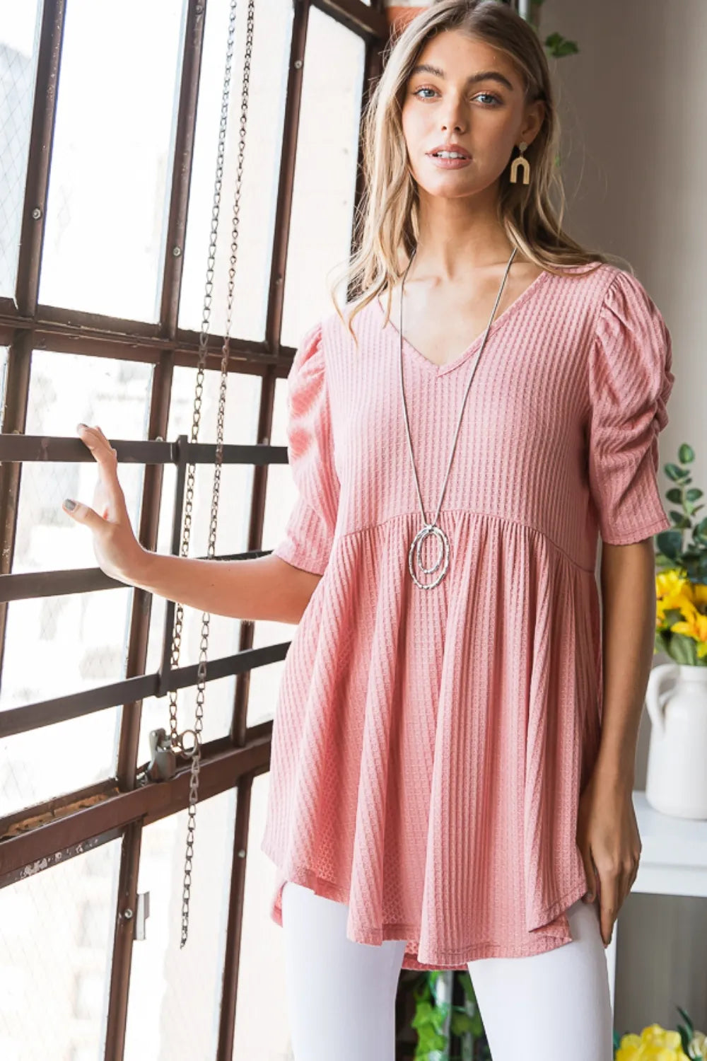 Heimish Full Size Waffle Knit V-Neck Babydoll Top - Fashorio