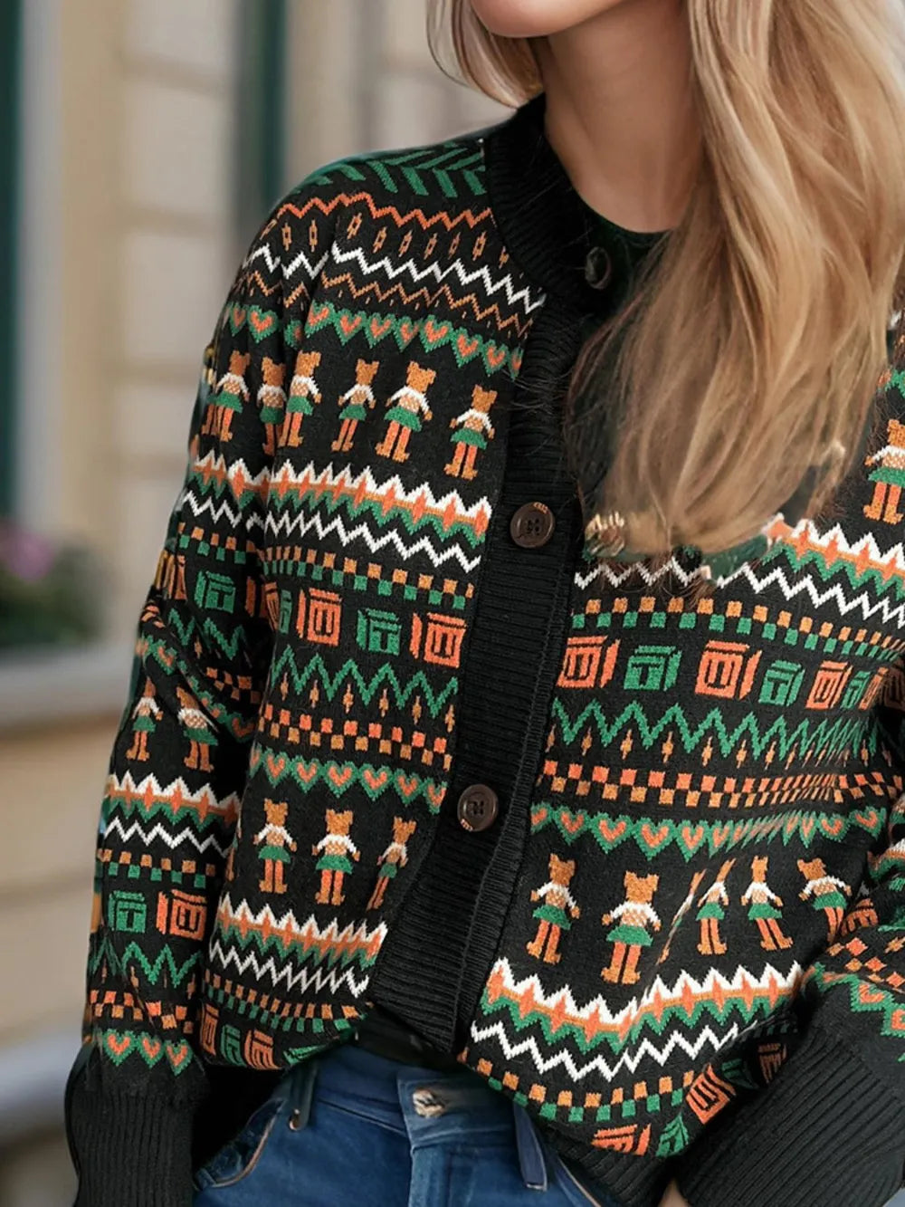 Graphic Button Down Long Sleeve Cardigan - Fashorio