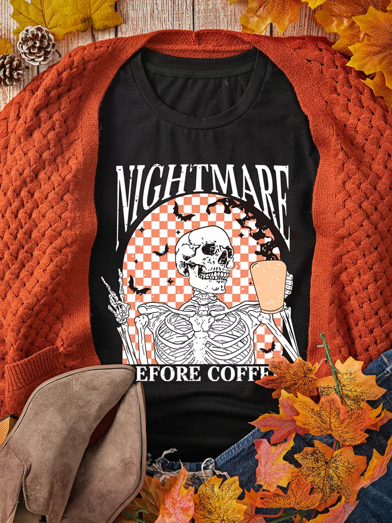 Halloween Skull Checkerboard Graphic Round Neck Tee - Fashorio