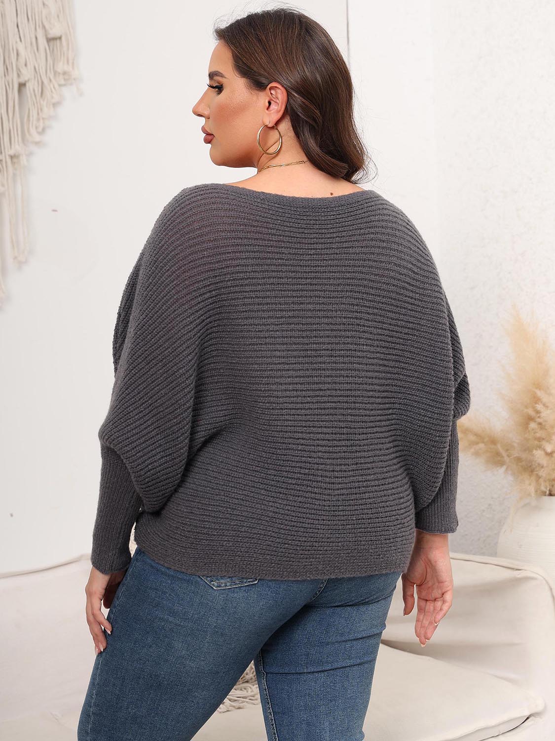 Full Size Boat Neck Batwing Sleeve Sweater - Fashorio