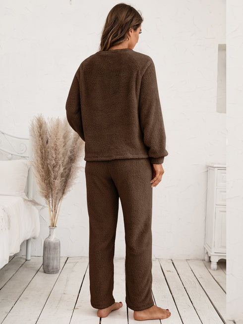 Ivy Lane Teddy Long Sleeve Top and Pants Lounge Set - Fashorio