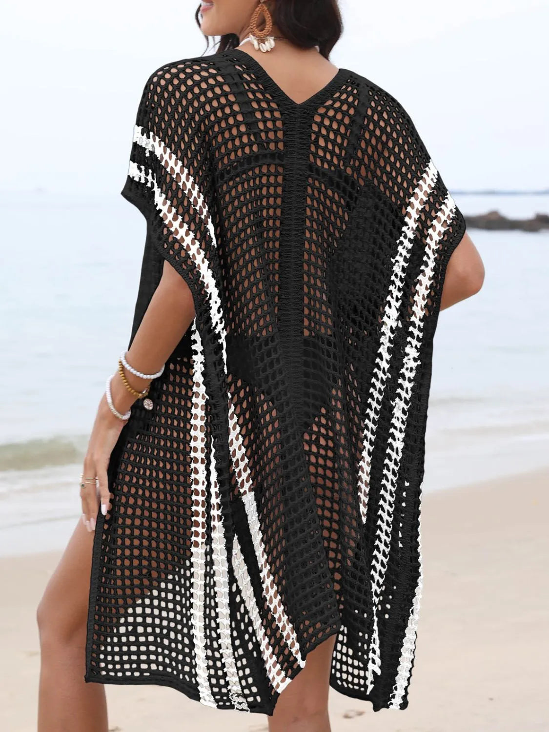 Open Front Contrast Openwork Cover-Up - Fashorio