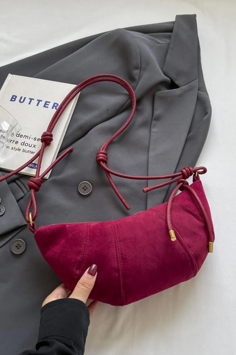 PU Leather Strap Suede Shoulder Bag Cerise One Size - Fashorio