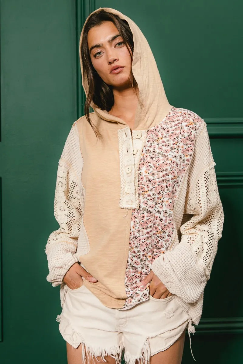 BiBi Slub Jersey with Lace Combo Buttoned Hoodie Top - Fashorio