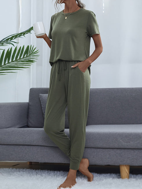 Shiny Round Neck Short Sleeve Top and Pants Set - Fashorio