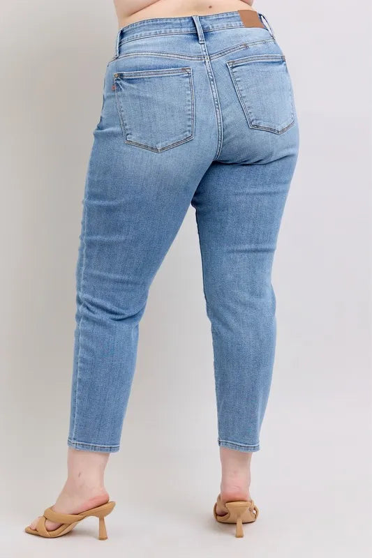 Judy Blue Full Size Mid Rise Vintage Wash Slim Jeans with Cell Phone Pocket Plus Size - Fashorio