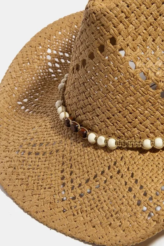 Fame Mixed Beaded Strap Western Fedora Straw Hat - Fashorio