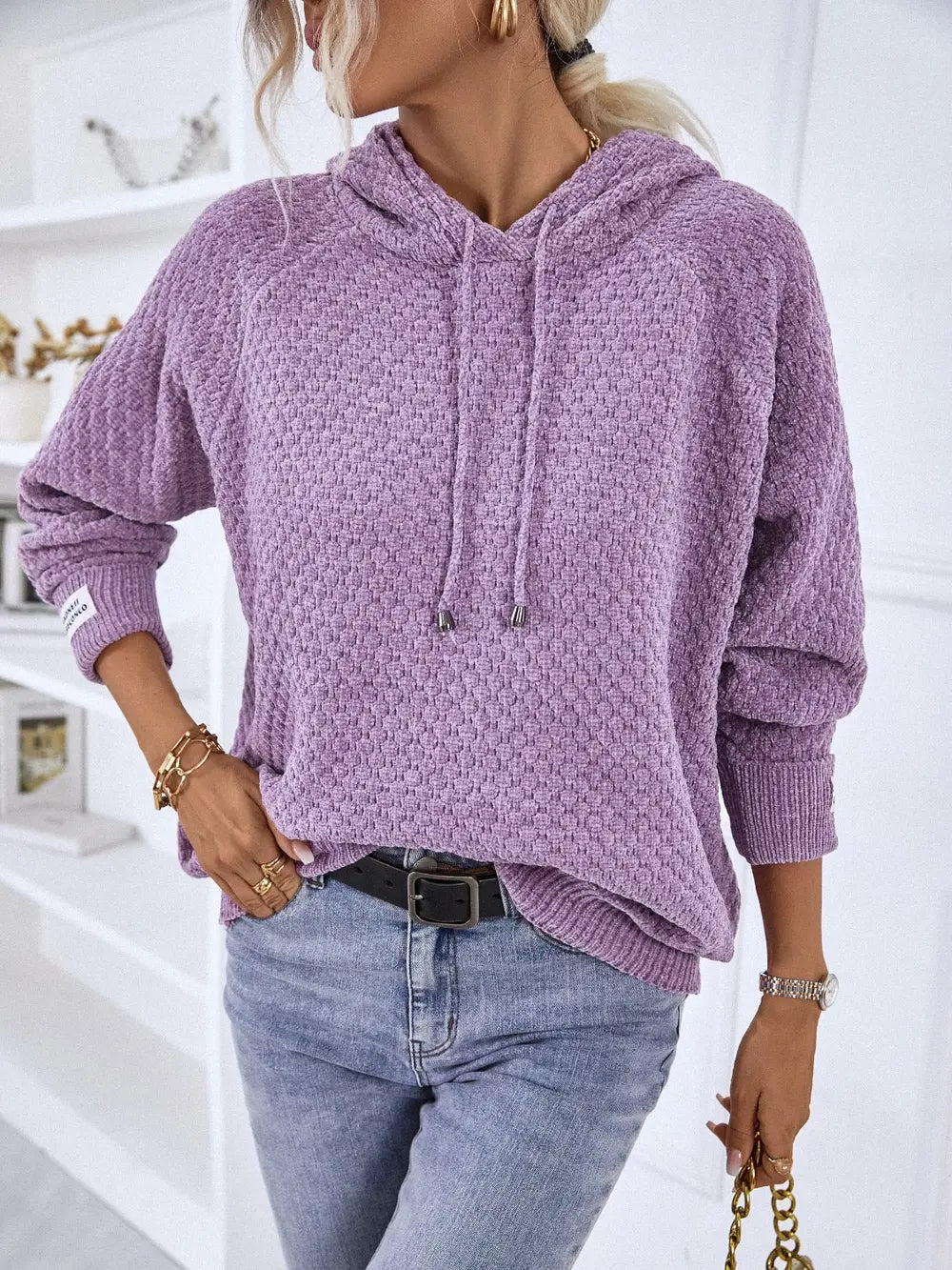 Texture Drawstring Long Sleeve Hooded Sweater Lavender - Fashorio