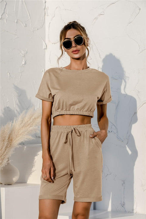 Short Sleeve Cropped Top and Drawstring Shorts Lounge Set Tan - Fashorio