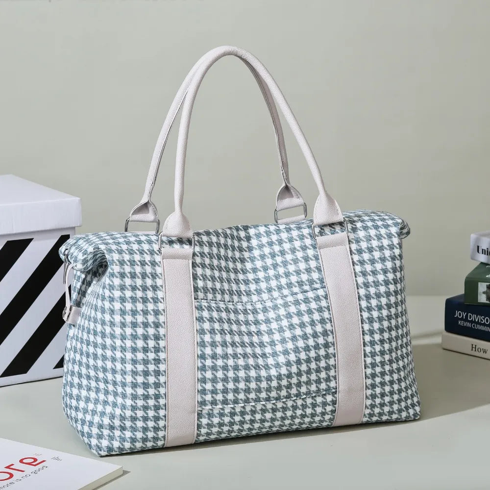 Houndstooth Canvas Travel Bag Dusty Blue One Size - Fashorio