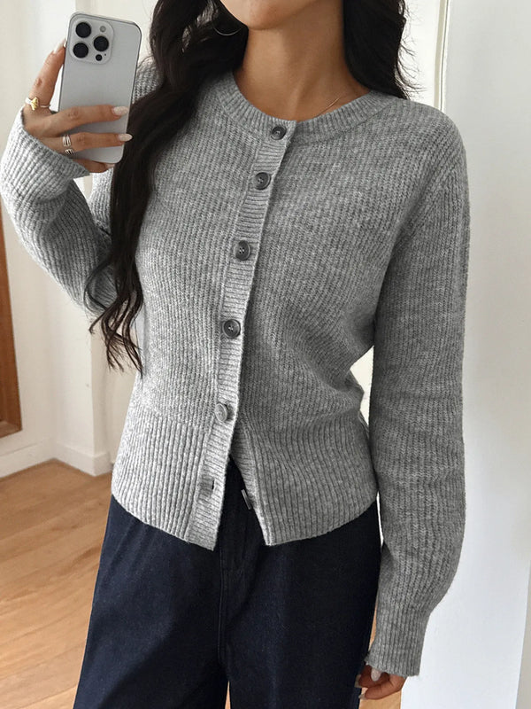 Button-Up Ribbed Knit Cardigan Gray - Fashorio